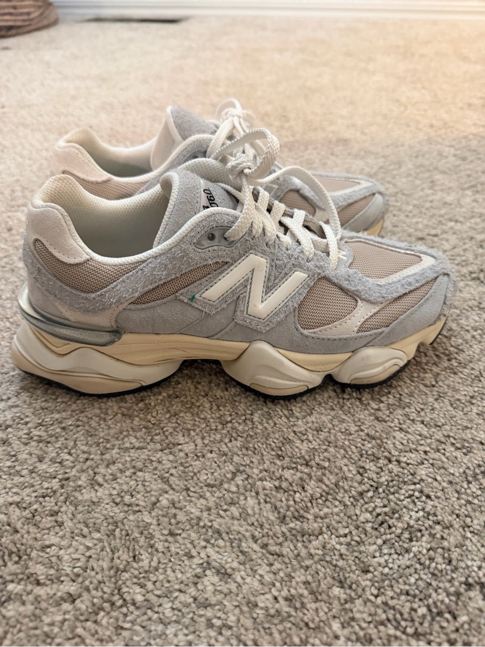 New Balance 9060 Women’s Light Gray & Cream Mesh Suede Sneakers